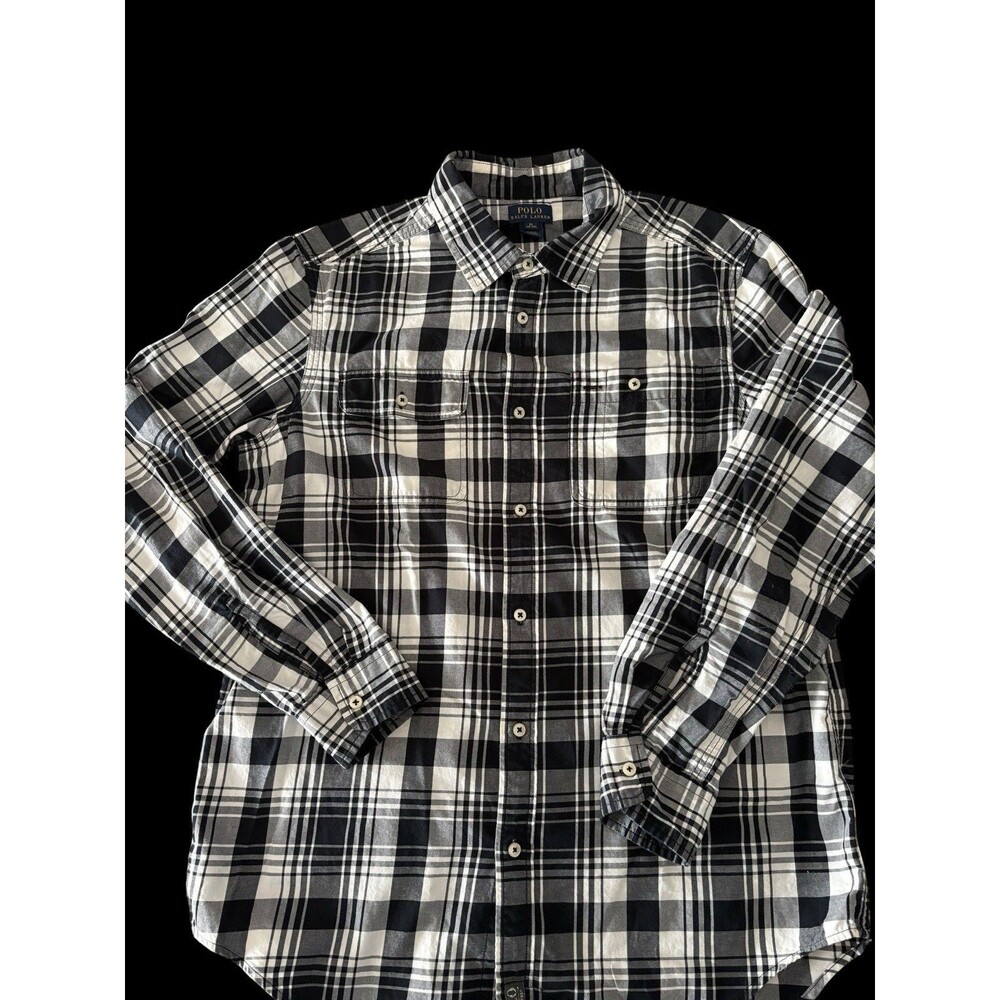 Polo Ralph Lauren Boys XL 18 20 Black White Plaid Long Sleeve Button Front Shirt